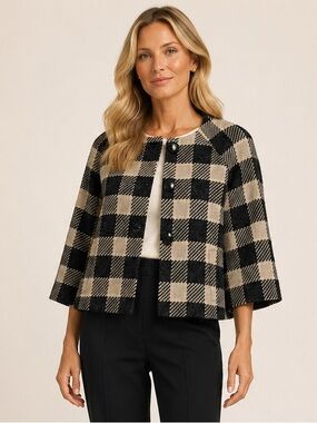 Vintage Talbots Petites Wool Blend Check Swing Jacket Black Ivory Size 6